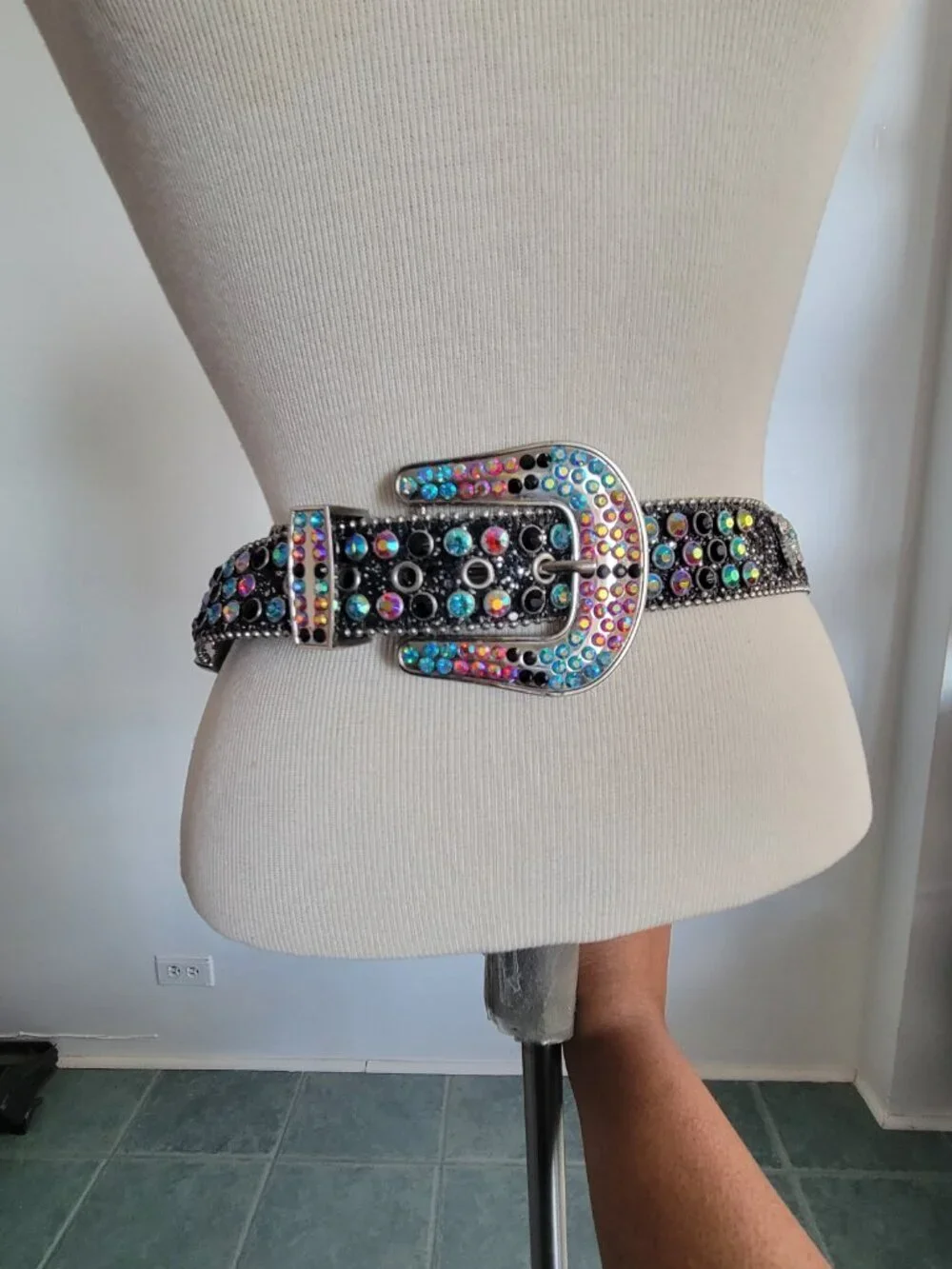 Multi Colored Skull Black Rhinestone Motorcycle Bling Leather Belt